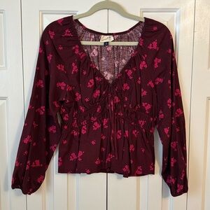 Universal Thread Blouse Maroon Pink Floral Linen Blend V-Neck